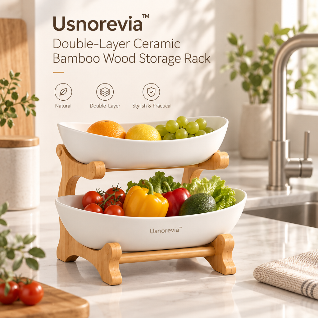 Usnorevia™ Double-Layer Ceramic Bamboo Wood Storage Rack